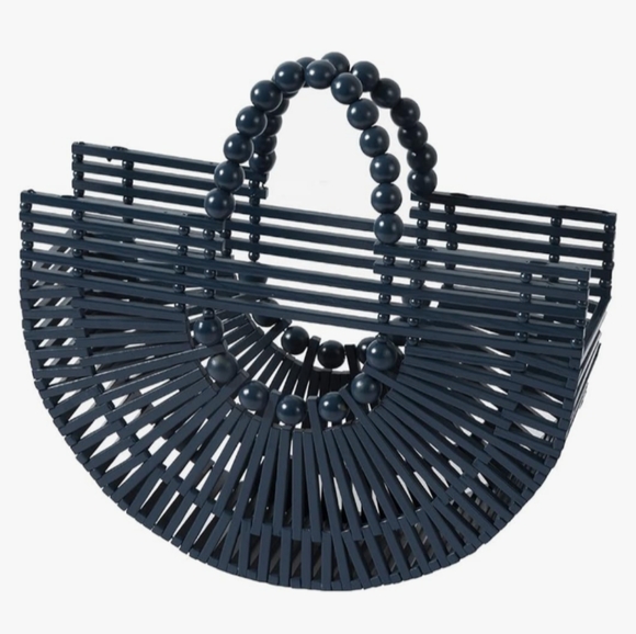 Black Bamboo Boho Beach Bag Woven Wicker Summer Tote Hippie Bohemian Purse New - Picture 6 of 8